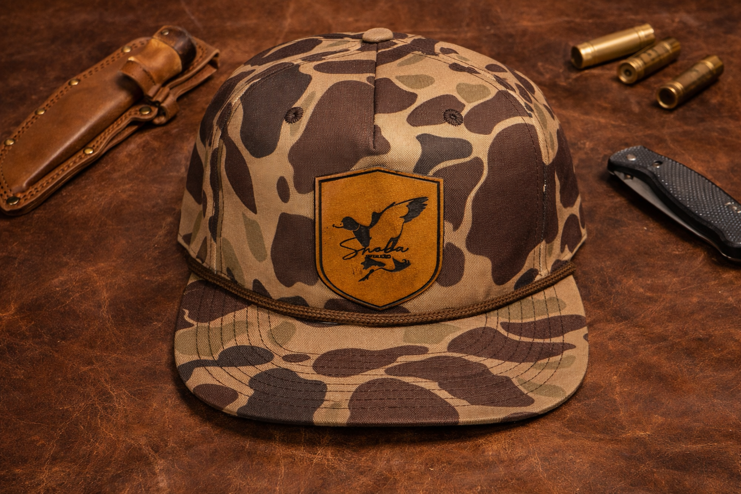 Shoba Outdoors Bottomland Camo Hat – Leather Patch Snapback Duck
