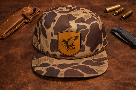 Shoba Outdoors Bottomland Camo Hat – Leather Patch Snapback Duck